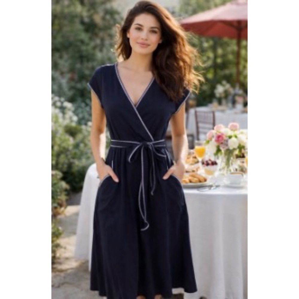 Eshakti Navy Contrast White Trim Cotton Jersey Surplice Tie Waist Midi Dress S/6